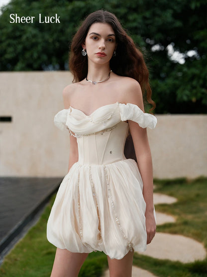 Tahlia Handmade Beaded Strapless Corset Puff Mini Dress