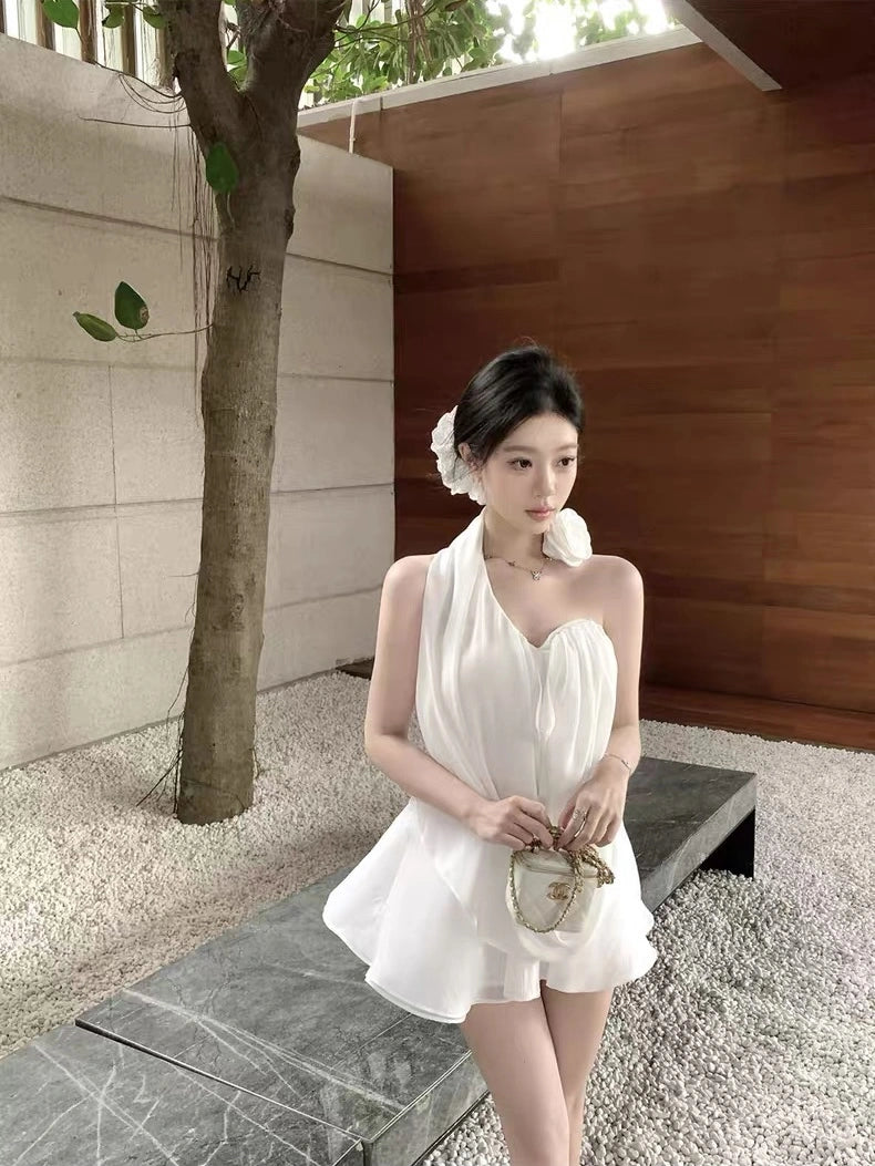 White Rosette Drape Set – Padded Halter Top with Skirt