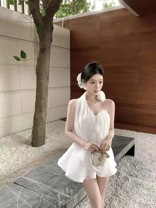 White Rosette Drape Set – Padded Halter Top with Skirt