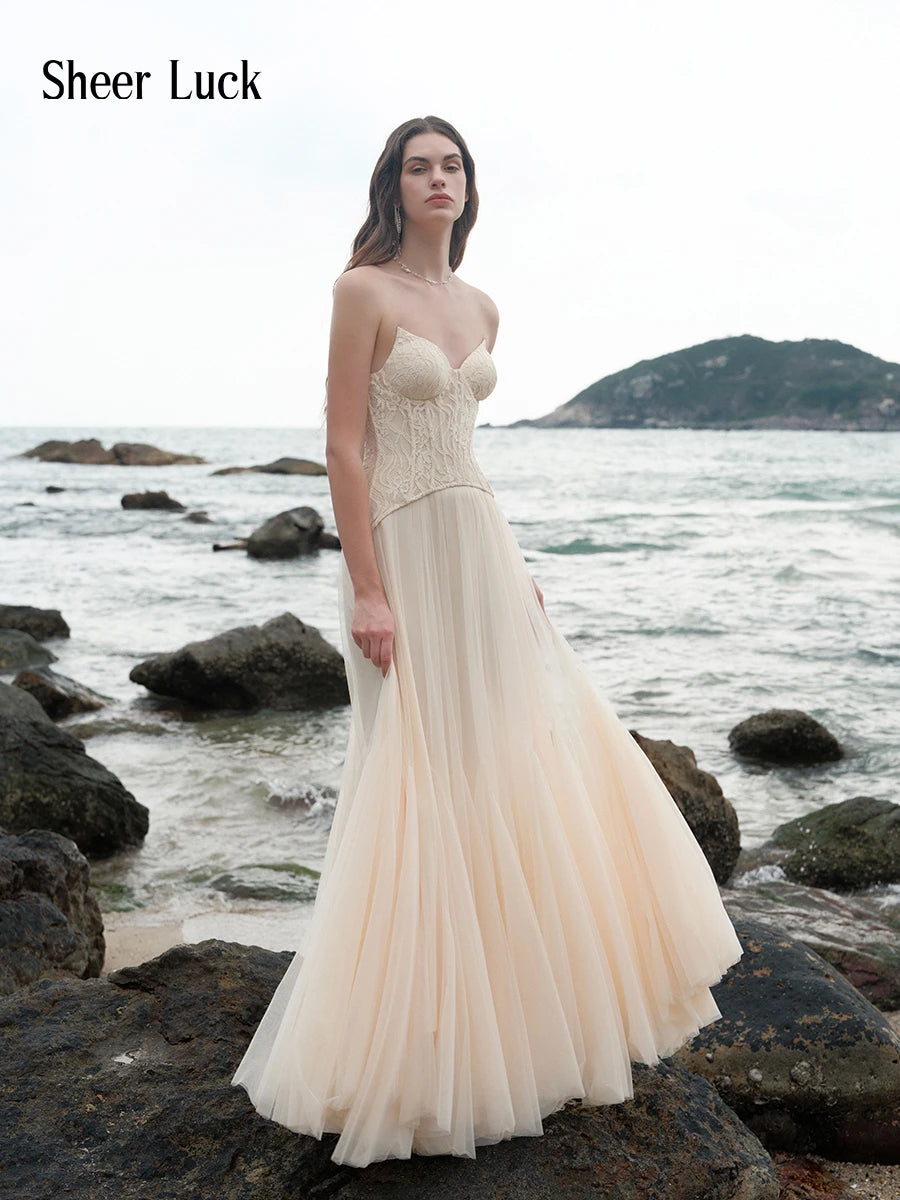 Wavy Lace Corset Strapless Tulle Maxi Gown