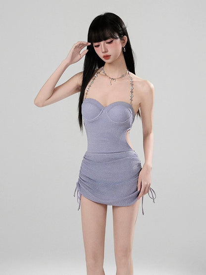 Lilac Galaxy One-Piece Swimsuit with Mini Skirt
