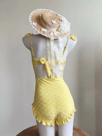 Yellow Daisy Ruffle One-Piece Swimsuit With Wrap Skirt