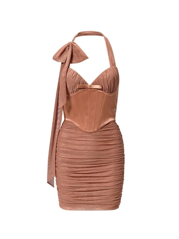 Rosetta Mesh Halter Neck Ruched Corset Mini Dress