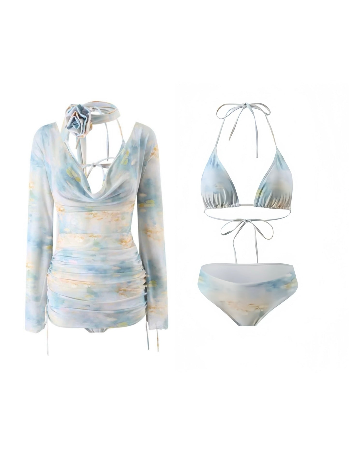 Monet Daydream 4-Piece Bikini Set - Watercolour Pastel Bikini, Cover-Up & Neck Ribbon