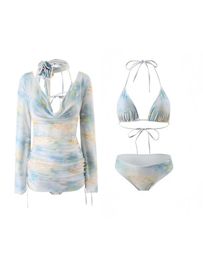 Monet Daydream 4-Piece Bikini Set - Watercolour Pastel Bikini, Cover-Up & Neck Ribbon