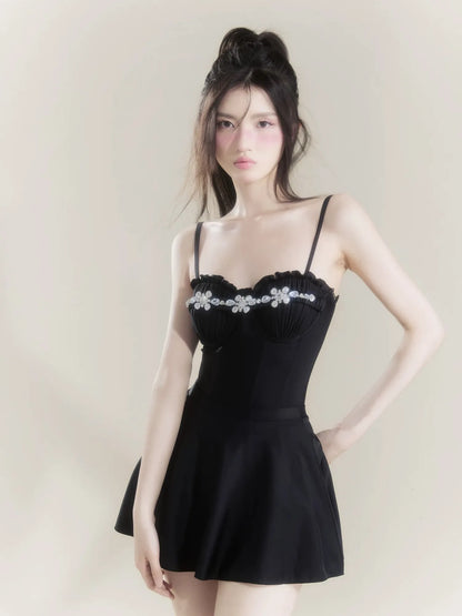 Beverly Hills Diamanté Black One-Piece Swimsuit With Skirt