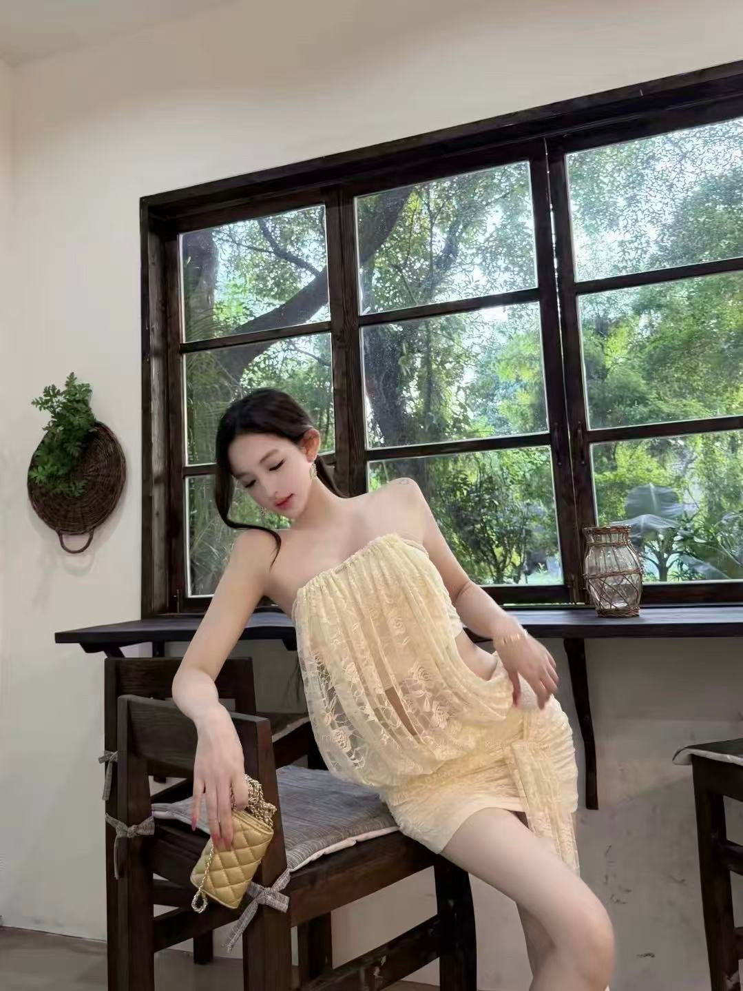 Solenne Ivory Lace Halter Mini Dress & Bandeau Set
