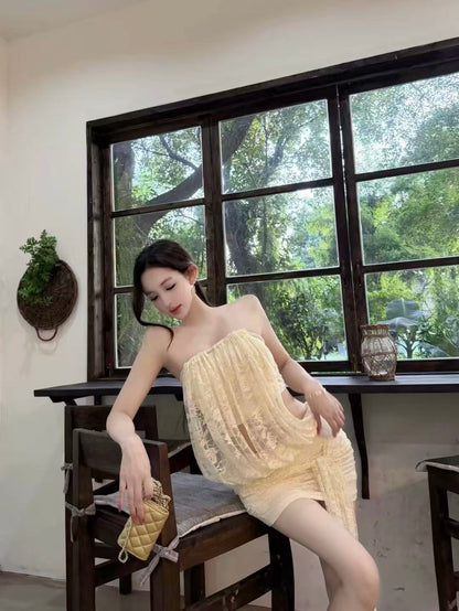 Solenne Ivory Lace Halter Mini Dress & Bandeau Set
