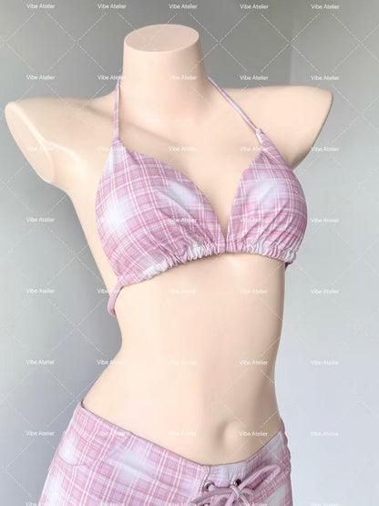 Pink Plaid Halter Triangle Bikini Set with Coverup & Sailor Hat
