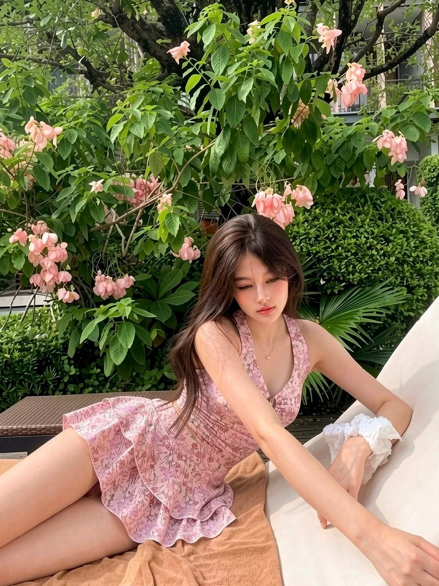 Rosalie Pink Print Tankini Set with Ruffle Skirt