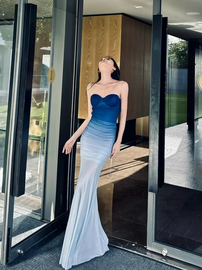Mermaid Gradient Blue Padded Mesh Maxi Dress
