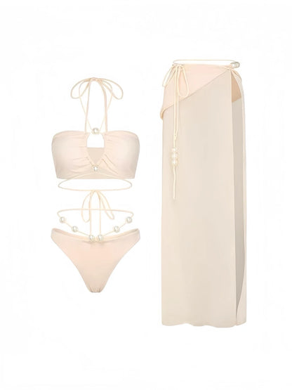 Cream Pearl Padded Three-Piece Bikini Set