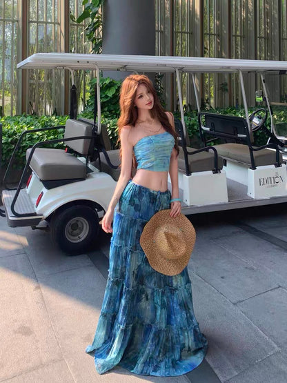 Azure Tide Bandeau Top & Maxi Skirt Set