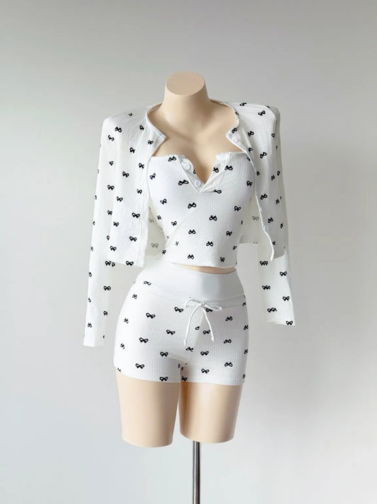 White Bow Print Swimwear Lounge 3-Piece Set