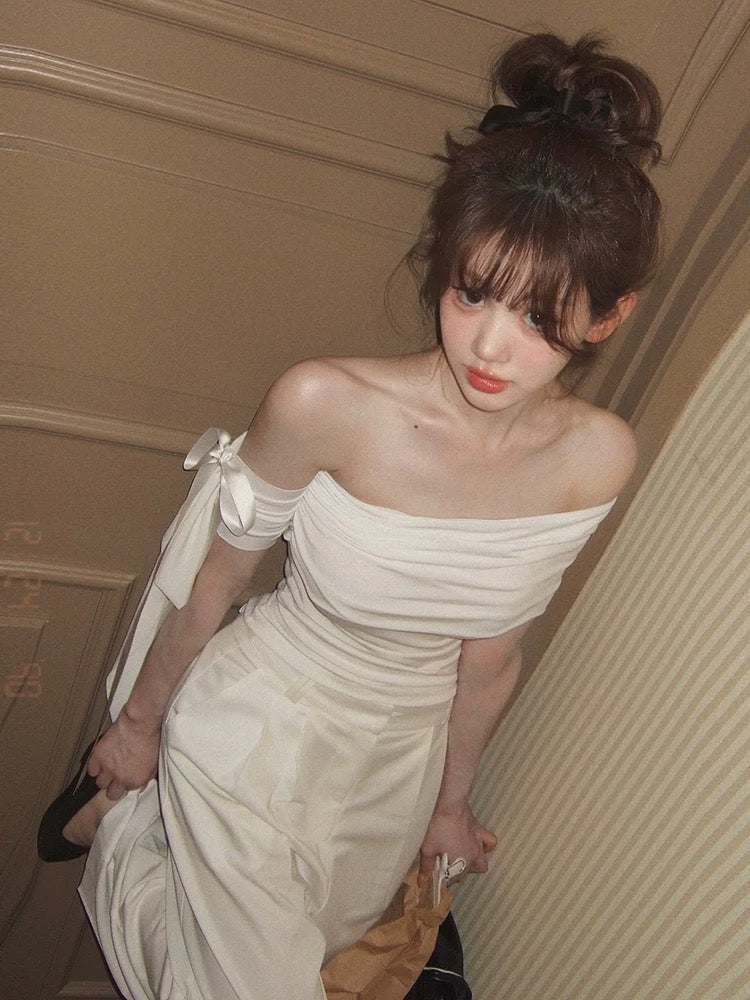 White Bowknot Tie Off-Shoulder Top