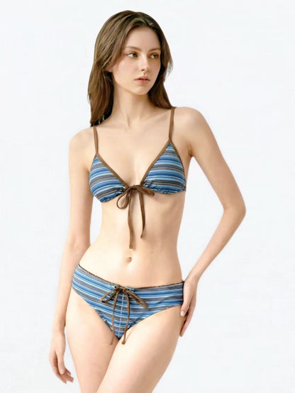 Cocoa Blue Stripe Tie Front Triangle Bikini Set with Boyshorts