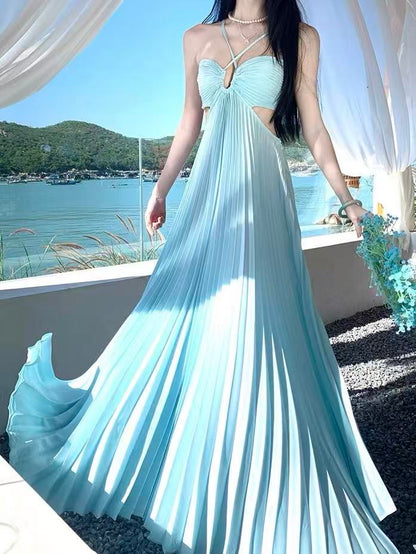 Baby Blue Cut-Out Pleated Maxi Dress