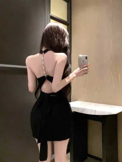 Black Crystal Chain Padded Halter Mini Dress