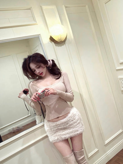 Soft Blush Knit Top and Faux Fur Skirt