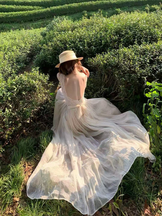 Champagne Ivory Lace Backless Maxi Dress