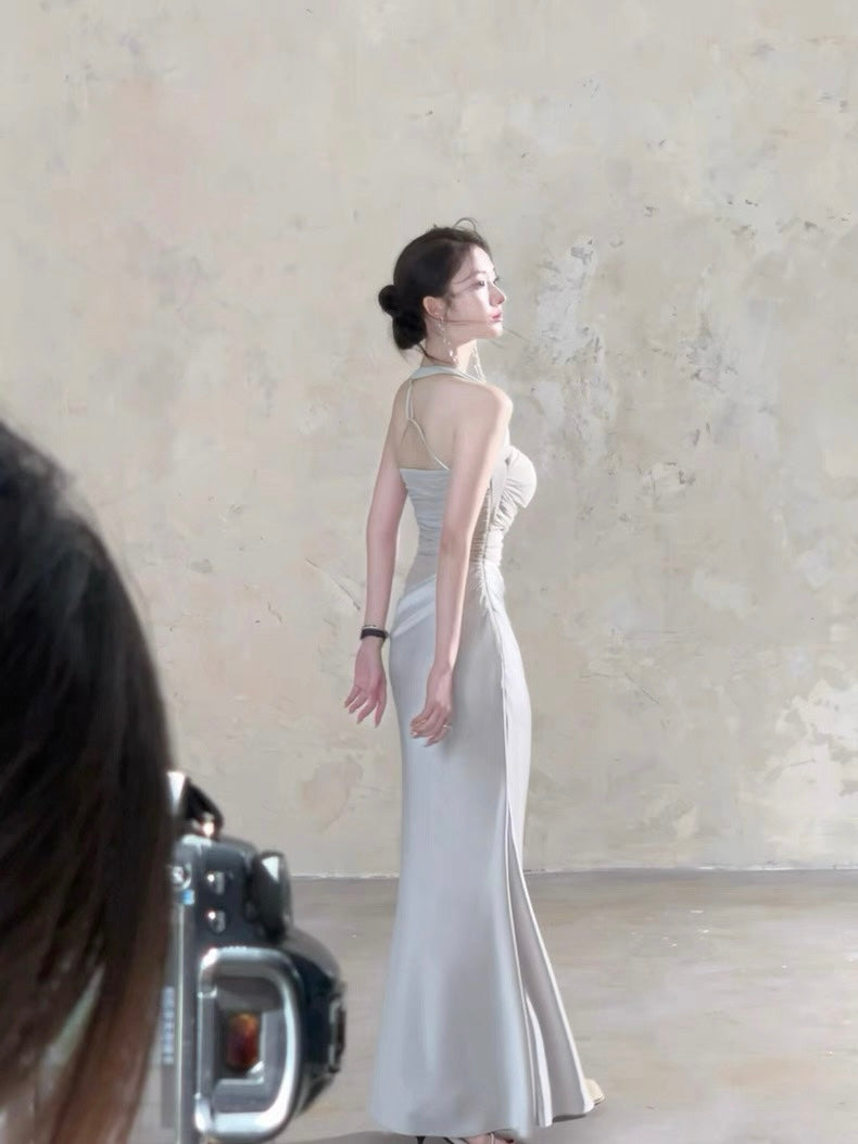 Moonlit Silver Mesh Halter Padded Maxi Dress