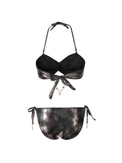 Metallic Beaded 3-Piece Bandeau Bikini Set