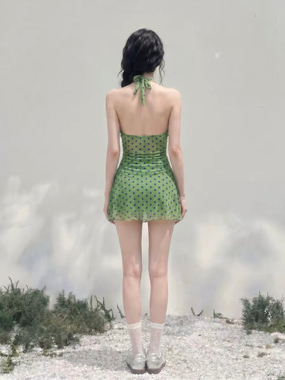 Olive Polka Dot One-Piece Swimsuit with Scarf