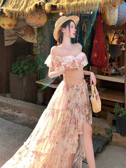 Blooming Sonata Off-Shoulder Ruffle Top & Split Maxi Skirt Set