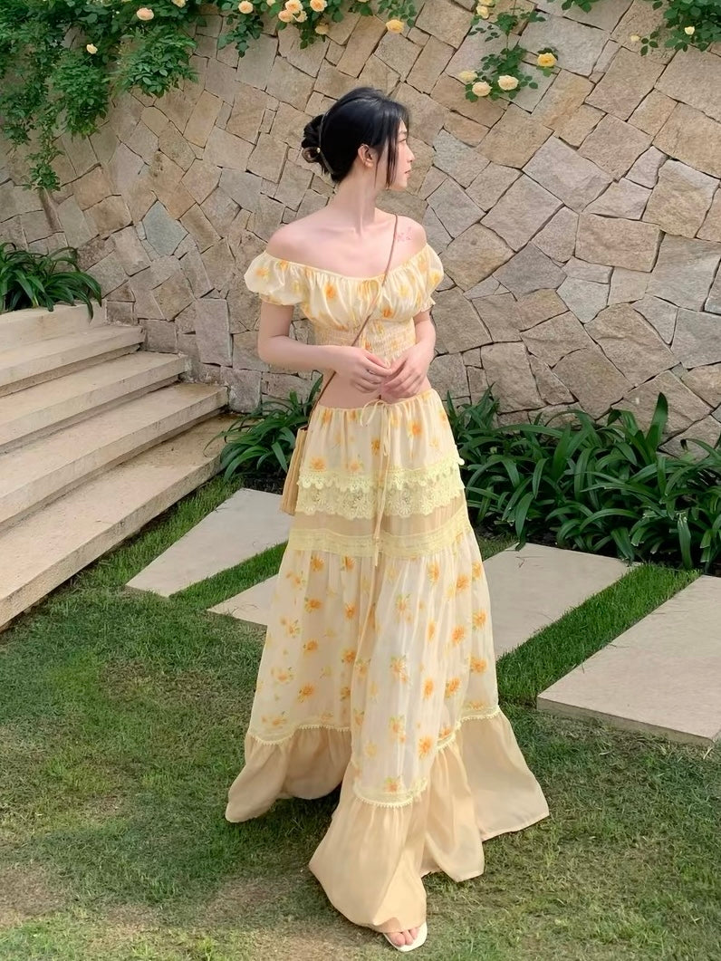 Sunlit Meadow Off-Shoulder Top & Maxi Skirt Set