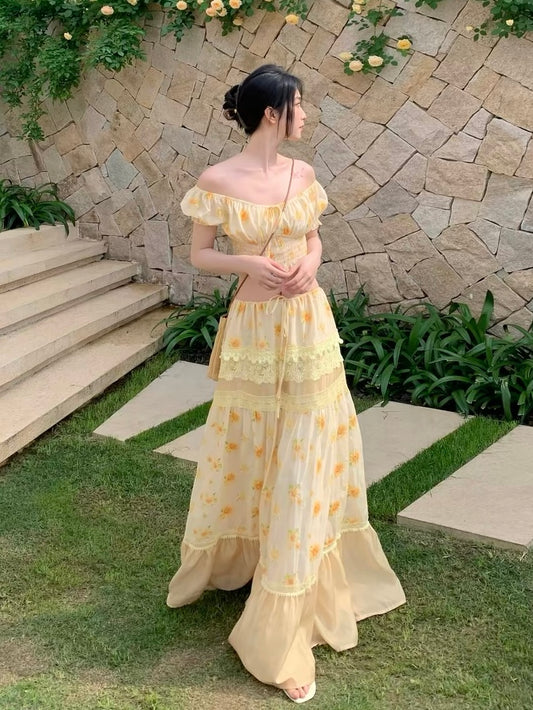 Sunlit Meadow Off-Shoulder Top & Maxi Skirt Set