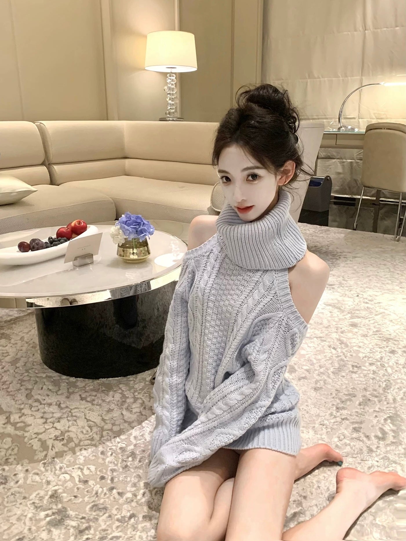 Sky Blue Cable Turtleneck Knit Sweater