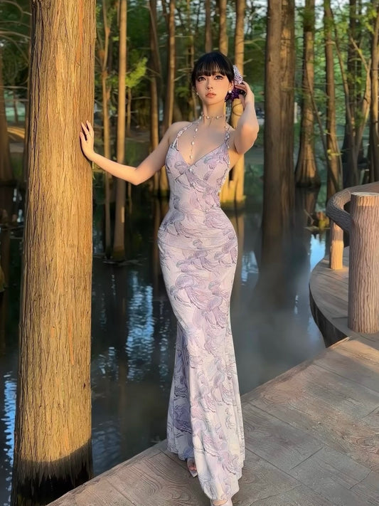 Amaris Lavender Printed Backless Maxi Dress