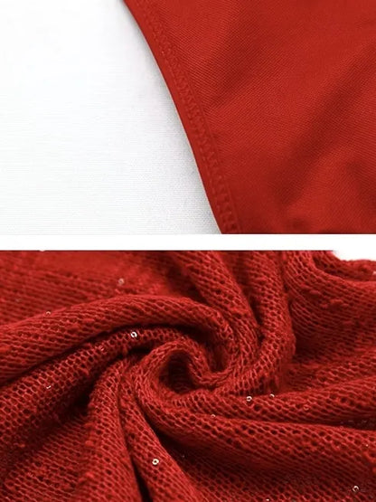 Rosie Red 3-Piece Bikini Set - Shimmer Net with 3D Floral & Matching Sarong