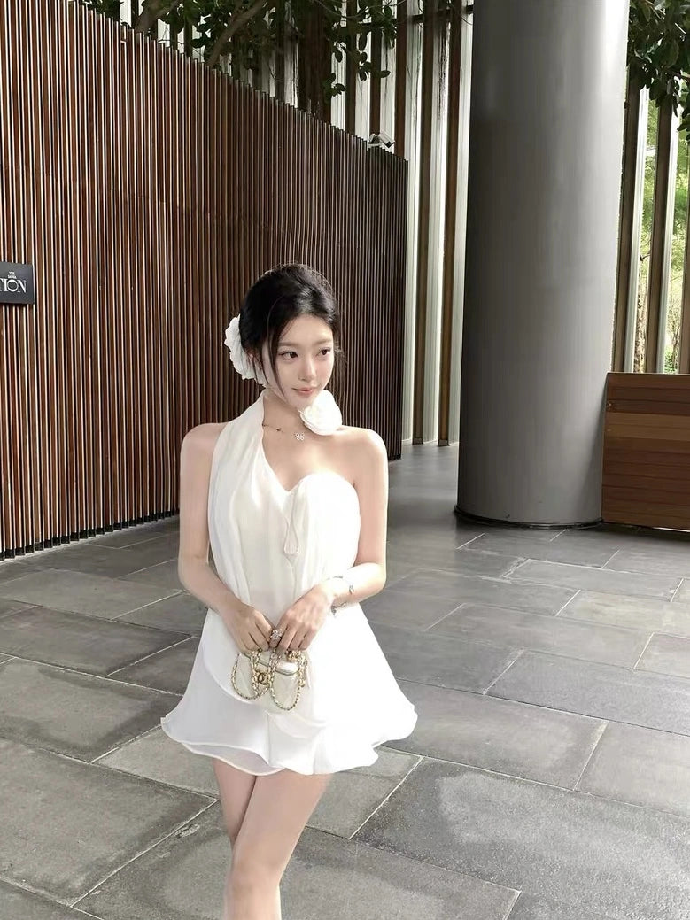 White Rosette Drape Set – Padded Halter Top with Skirt