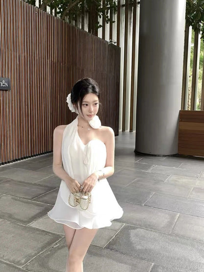 White Rosette Drape Set – Padded Halter Top with Skirt