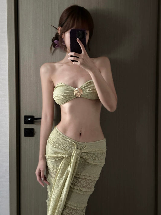 Matcha Green Lace Bandeau Bikini Set with Maxi Skirt (3-Piece)