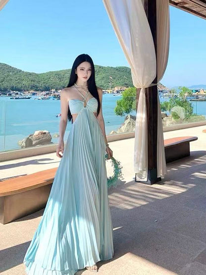 Baby Blue Cut-Out Pleated Maxi Dress