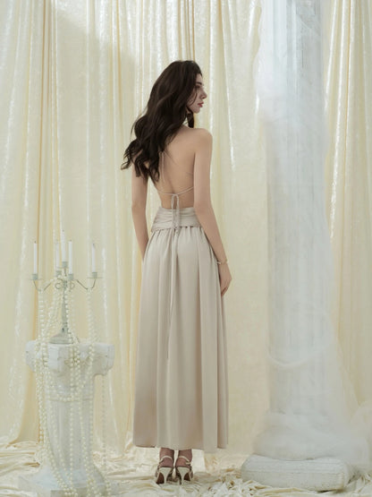Crow Crew Champagne V-Neck Spaghetti Strap Backless Maxi Dress - PREORDER