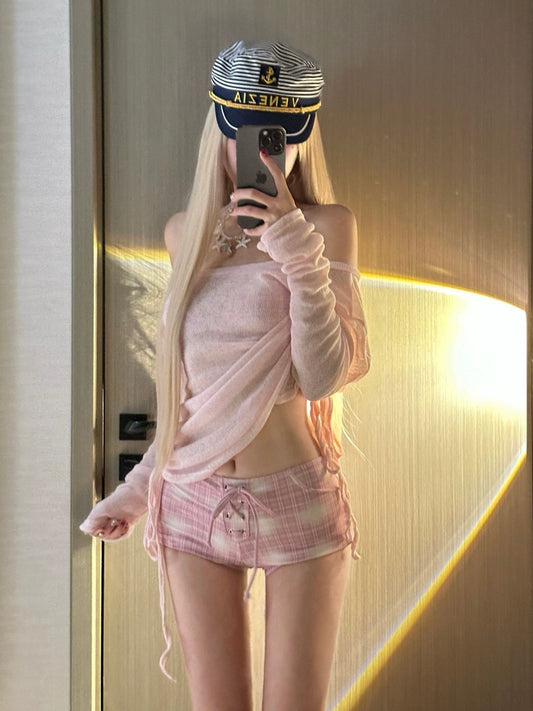 Pink Plaid Halter Triangle Bikini Set with Coverup & Sailor Hat