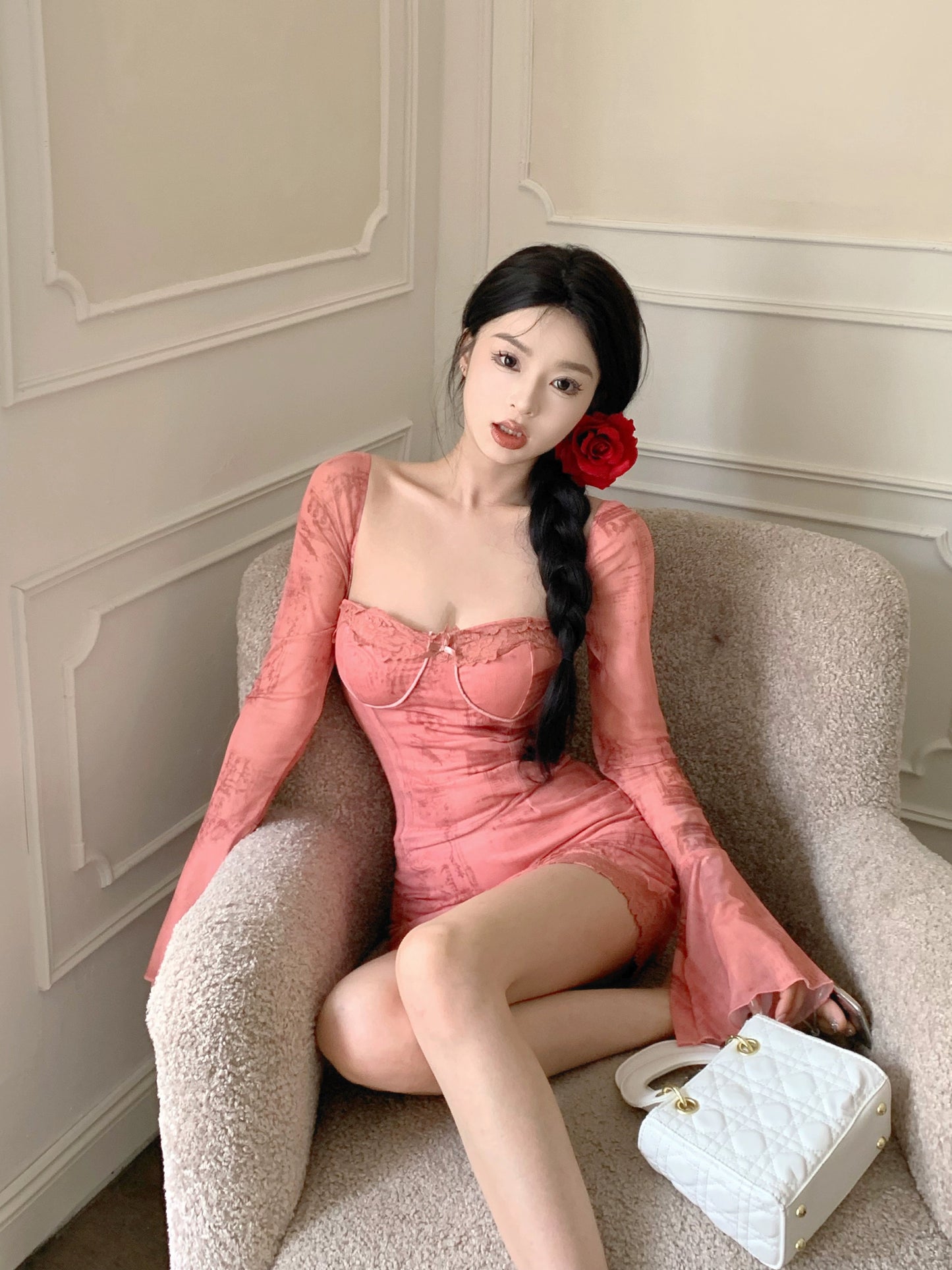Caroline Long Sleeve Mesh Mini Dress