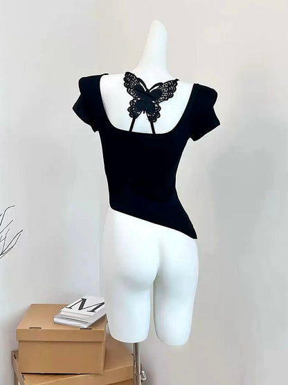Black Butterfly Crop Top Set