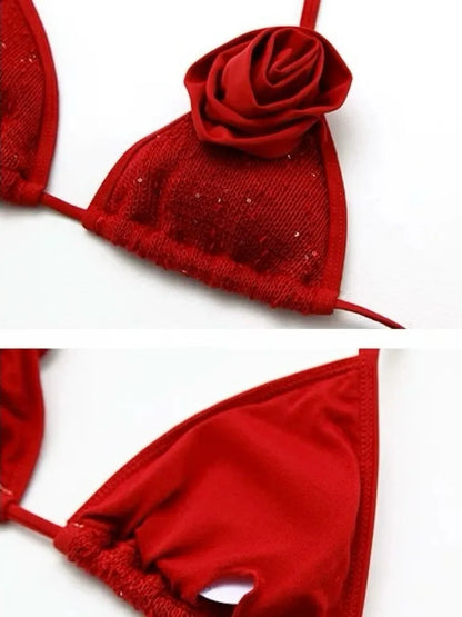 Rosie Red 3-Piece Bikini Set - Shimmer Net with 3D Floral & Matching Sarong