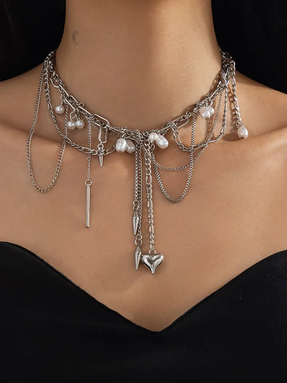 Multi-Layered Faux Pearl Heart Choker Necklace