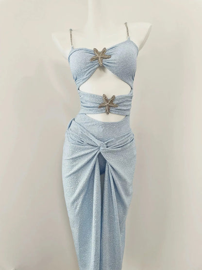 Arianna Shimmer Light Blue One-Piece Swimsuit With Midi Skirt