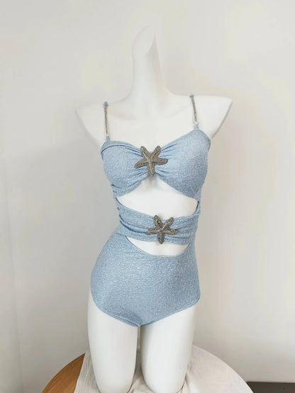 Arianna Shimmer Light Blue One-Piece Swimsuit With Midi Skirt