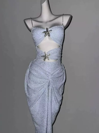 Arianna Shimmer Light Blue One-Piece Swimsuit With Midi Skirt