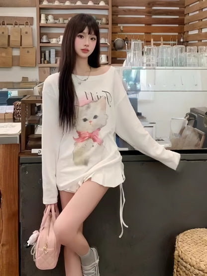 Cat Print Sheer Long Sleeve Top