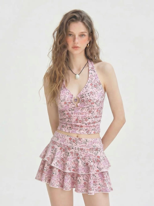 Rosalie Pink Print Tankini Set with Ruffle Skirt
