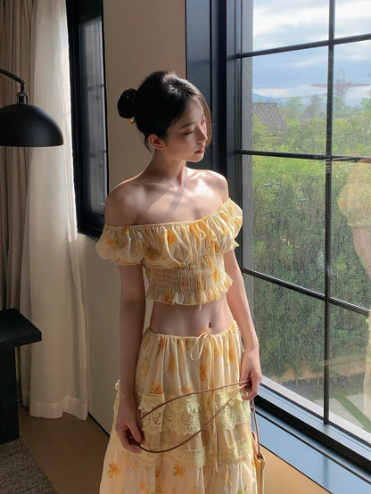 Sunlit Meadow Off-Shoulder Top & Maxi Skirt Set