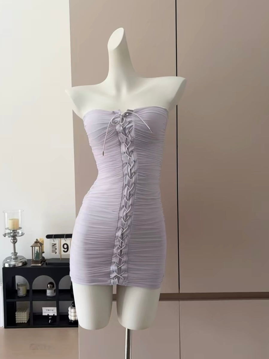 Lavender Ruched Lace-Up Mini Dress